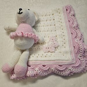 Handmade Pink and White Crochet Bear and Blanket Set